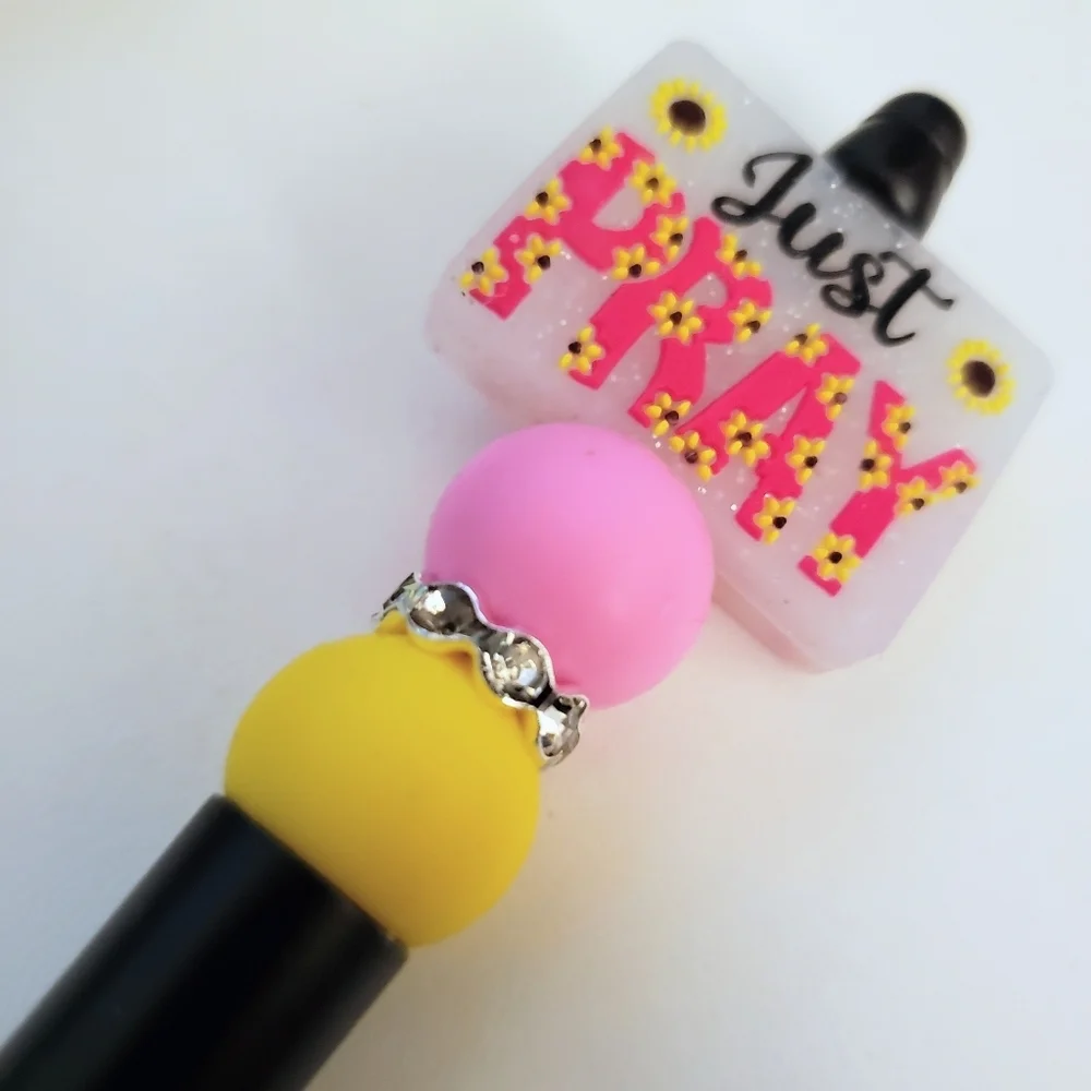 Handmade Pink Yellow Just Pray Sunflower Beaded Silicone Focal Bead Pen